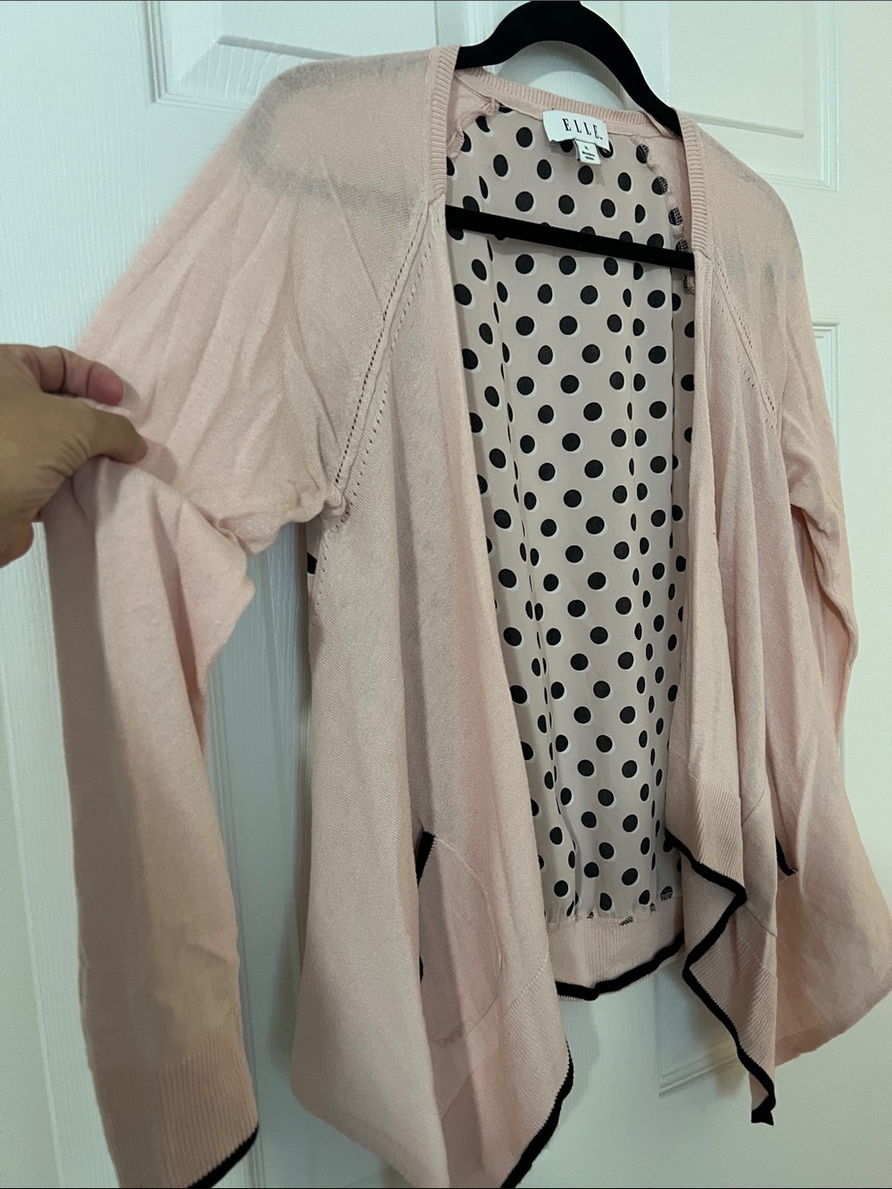 Elle Blush Pink Open-Front Cardigan with Black Trim - Picture 7 of 15